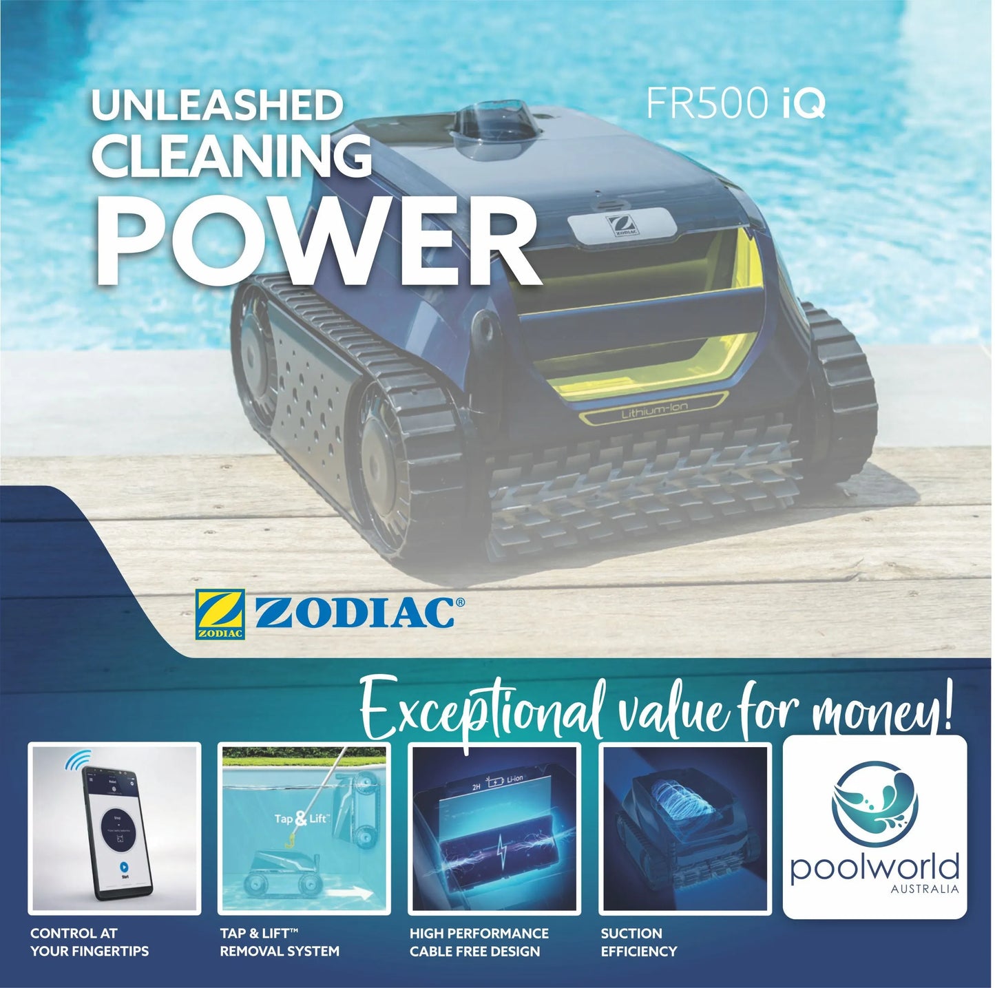 Premium Zodiac FreeRider™ FR500 iQ-Cordless Robotic Pool Cleaner – Efficient & Hassle-Free Pool Vacuum Solution, Pool World Australia