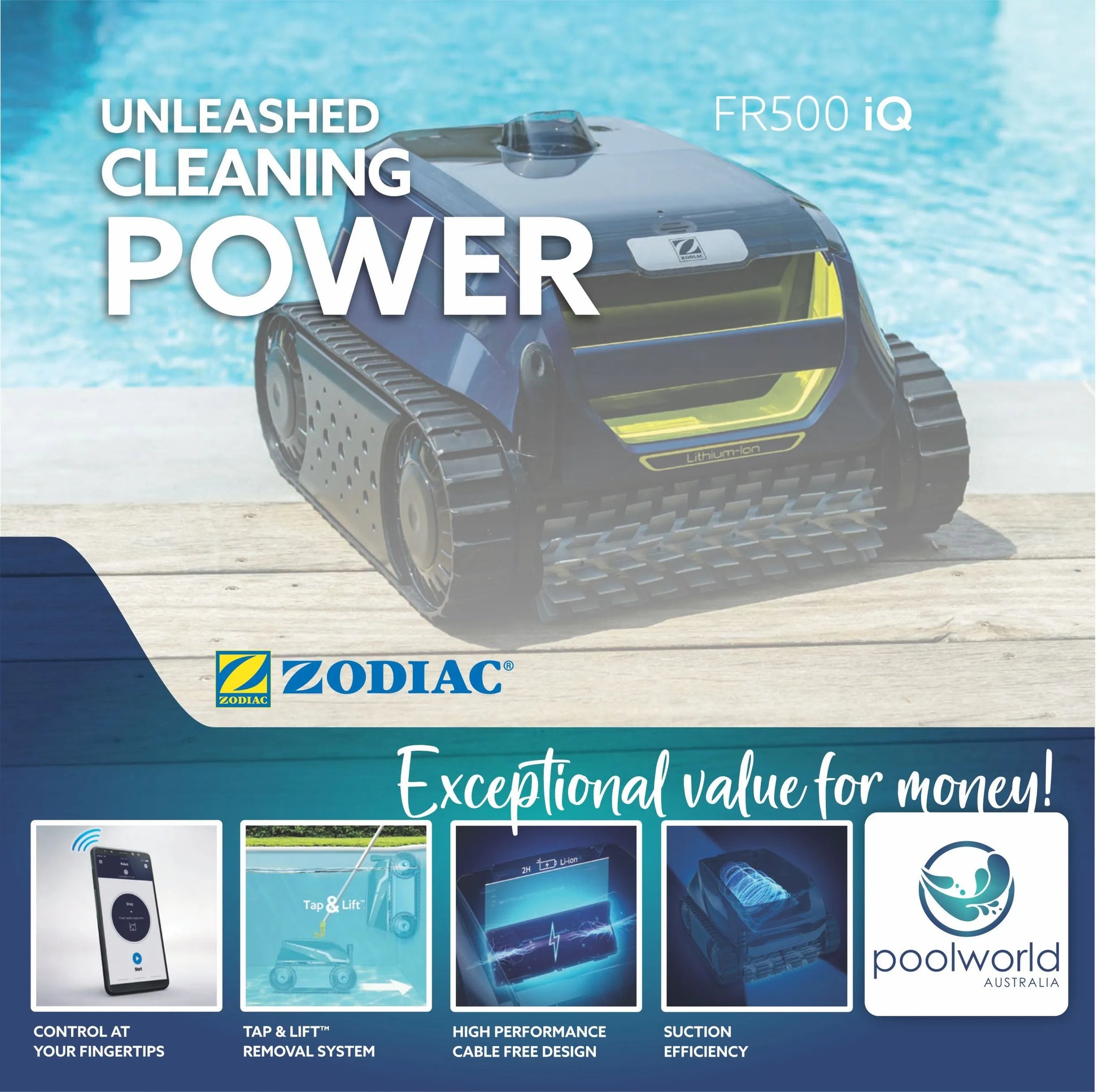 Premium Zodiac FreeRider™ FR500 iQ-Cordless Robotic Pool Cleaner – Efficient & Hassle-Free Pool Vacuum Solution, Pool World Australia